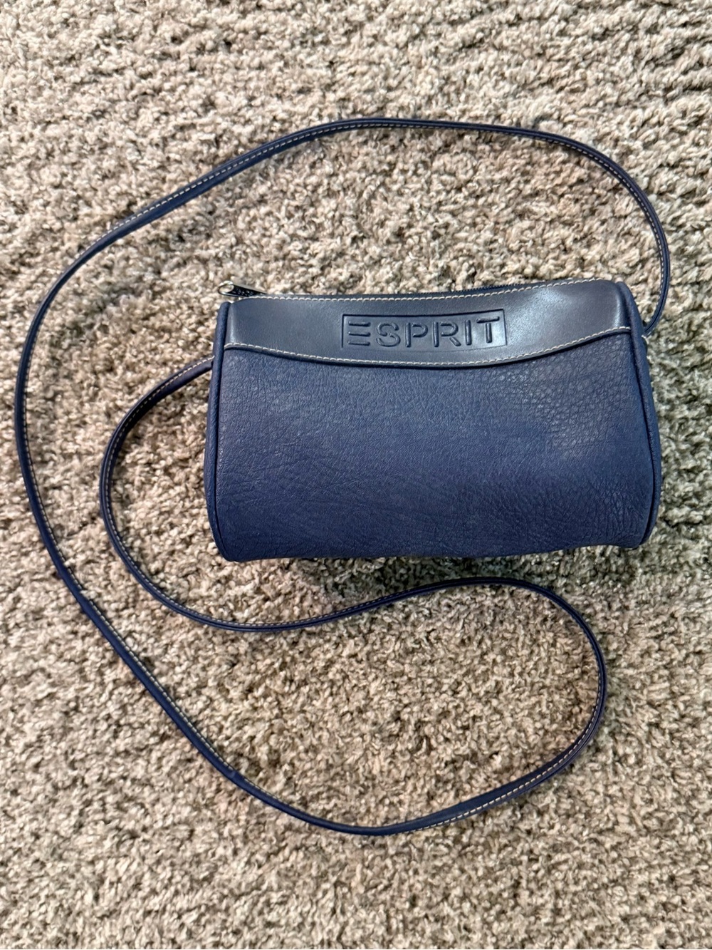 Vtg 80s 90s ESPRIT Crossbody Barrel Bag Navy Blue Faux Leather Purse Embossed